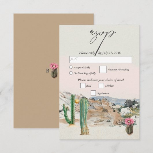 Watercolor Desert Cactus Boho Wedding 出欠カード (正面/裏面)