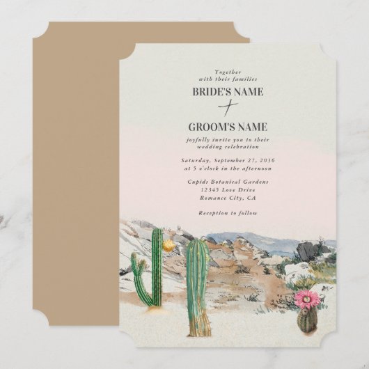 Watercolor Desert Cactus Boho Wedding 招待状 (正面/裏面)