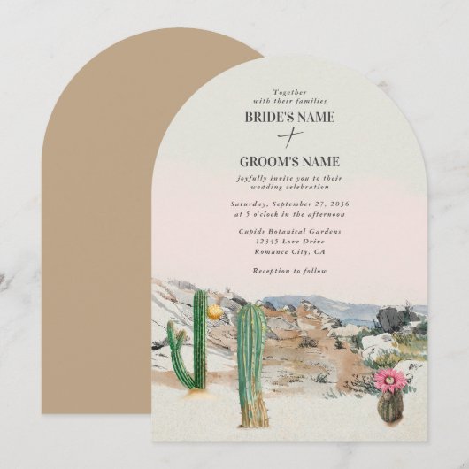 Watercolor Desert Cactus Boho Wedding 招待状 (正面/裏面)