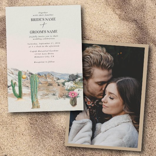 Watercolor Desert Cactus Boho Wedding Custom Photo 招待状