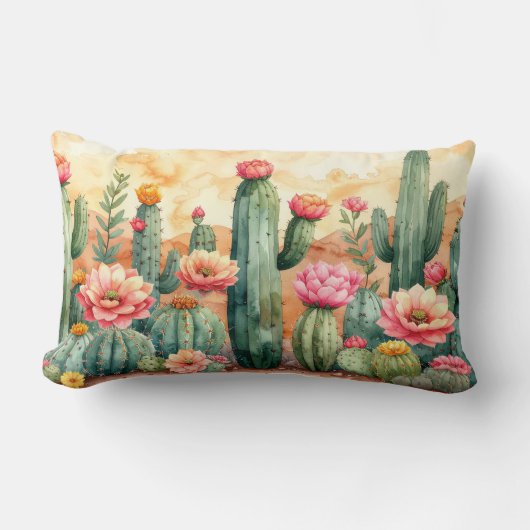 Watercolor Desert Cactus Garden Pillow ランバークッション (正面)
