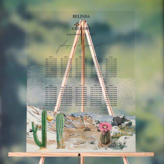 Watercolor Desert Cactus Wedding Seating Chart アクリルサイン (ニュートラル)