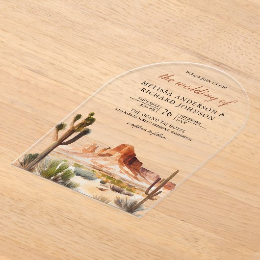 Watercolor Desert Mountain Cactus Wedding アクリル招待状 (レイダウン)