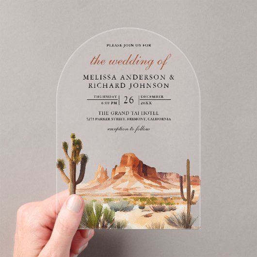 Watercolor Desert Mountain Cactus Wedding アクリル招待状 (インサイチュ (ポータブル))