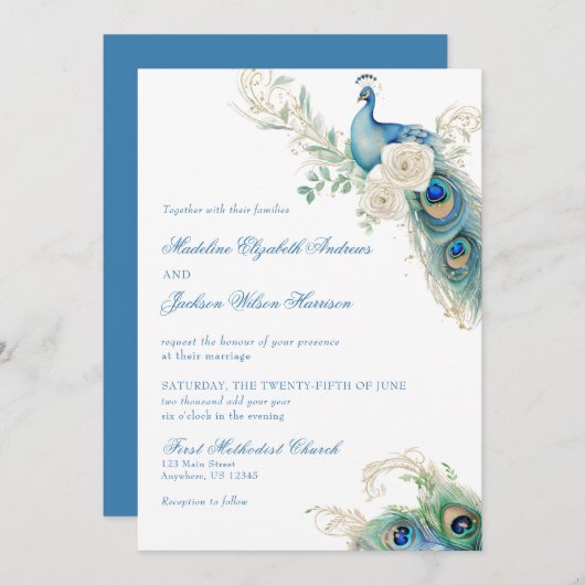 Watercolor Designer Blue Monogram Crest Wedding 招待状 (正面/裏面)