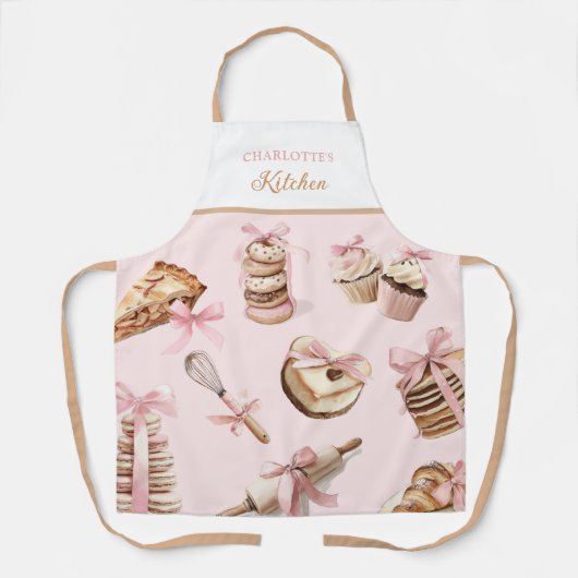 Watercolor Desserts Pink Bow Recipe エプロン (正面)