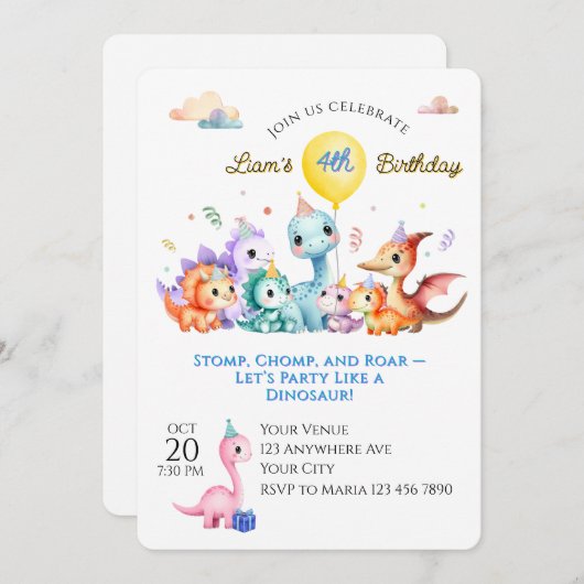 Watercolor Dino Birthday Party 招待状 (正面/裏面)
