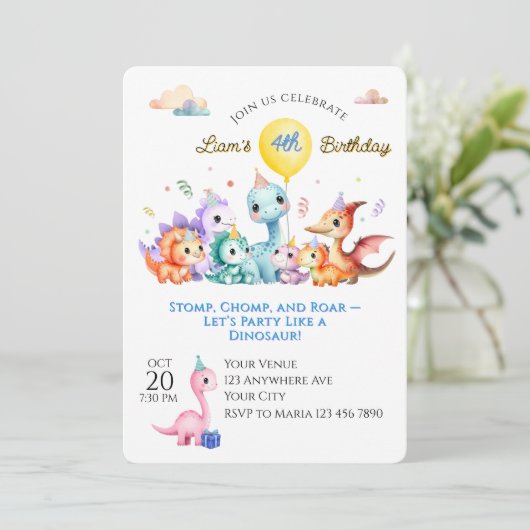 Watercolor Dino Birthday Party 招待状 (スタンド正面)