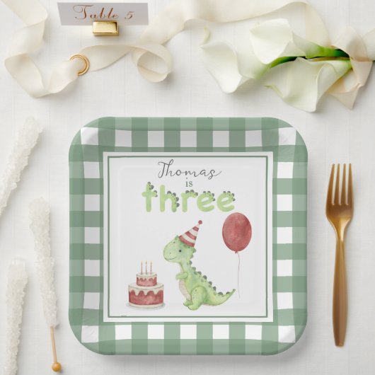 Watercolor Dinosaur 3rd birthday ペーパープレート (ウェディング)