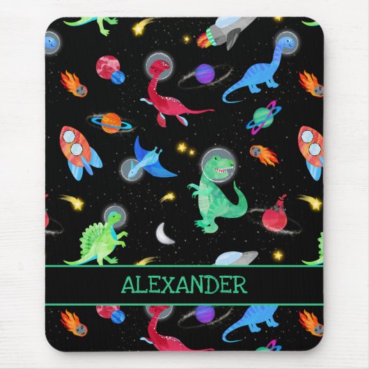 Watercolor Dinosaur Astronauts In Space Black マウスパッド (正面)