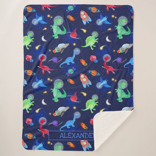Watercolor Dinosaur Astronauts In Space Blue シェルパブランケット (正面)