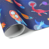 Watercolor Dinosaur Astronauts In Space Blue ラッピングペーパー (ロールコーナー)