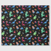 Watercolor Dinosaur Astronauts In Space Blue ラッピングペーパー (フラット)