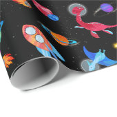 Watercolor Dinosaur Astronauts In Space Blue ラッピングペーパー (ロールコーナー)