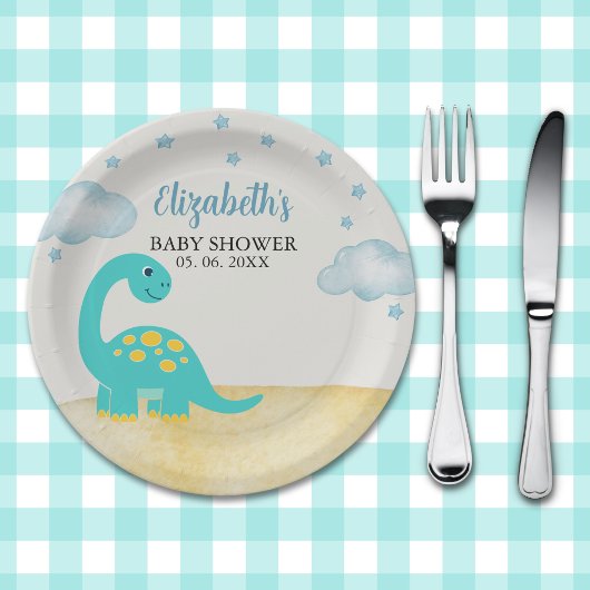 Watercolor Dinosaur Baby shower boy ペーパープレート