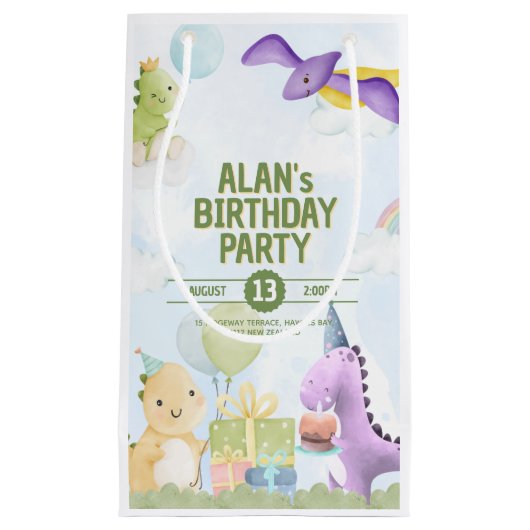Watercolor Dinosaur Birthday Invites スモールペーパーバッグ (正面)