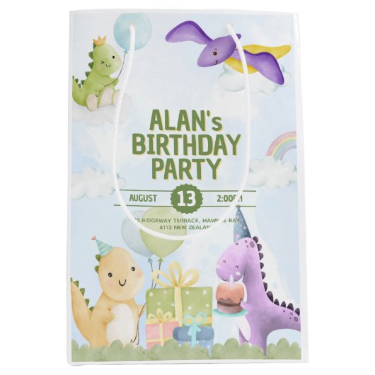 Watercolor Dinosaur Birthday Invites ミディアムペーパーバッグ (正面)