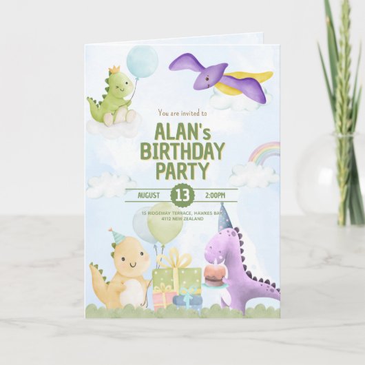 Watercolor Dinosaur Birthday Invites Greeting Card カード (正面)