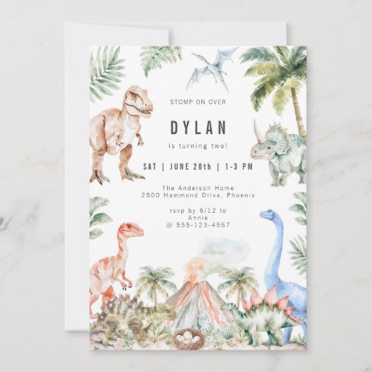 Watercolor Dinosaur Kids Birthday Party Invitation 招待状 (正面)