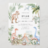 Watercolor Dinosaur Kids Birthday Party Invitation 招待状 (正面/裏面)
