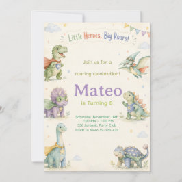 Watercolor Dinosaur Superhero Birthday 招待状
