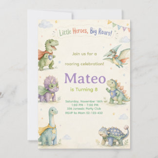 Watercolor Dinosaur Superhero Birthday 招待状