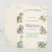 Watercolor Dinosaur Superhero Birthday 招待状 (正面/裏面)