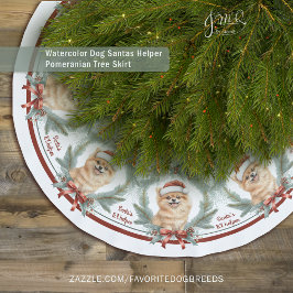 Watercolor Dog Santas Helper Pomeranian Tree Skirt ブラッシュドポリエステルツリースカート