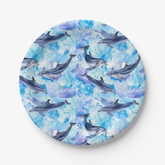 watercolor dolphin fish seamless pattern ペーパープレート (正面)