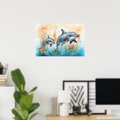 Watercolor dolphins art print ポスター (ホームオフィス)