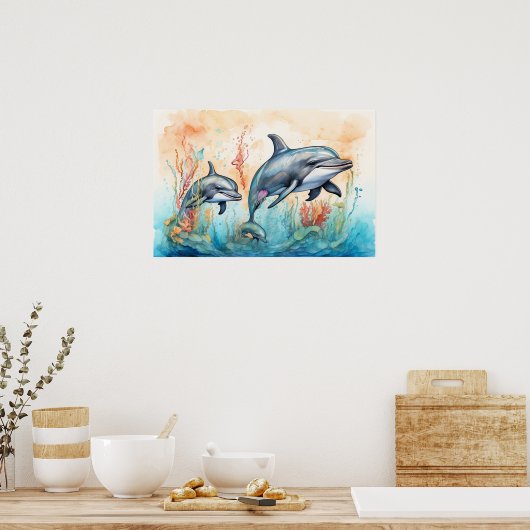 Watercolor dolphins art print ポスター (キッチン)