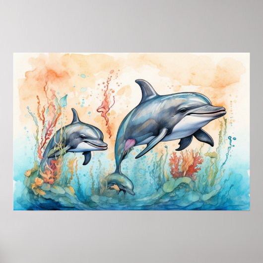 Watercolor dolphins art print ポスター (正面)