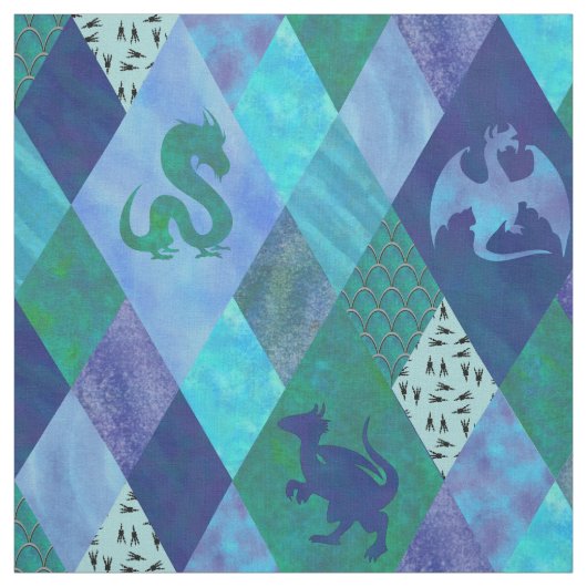 Watercolor Dragon Patchwork Quilt in Blue Green ファブリック (見本)