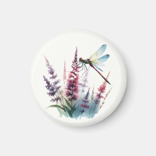 Watercolor Dragonfly Purple Wildflower Nature Art マグネット (正面)