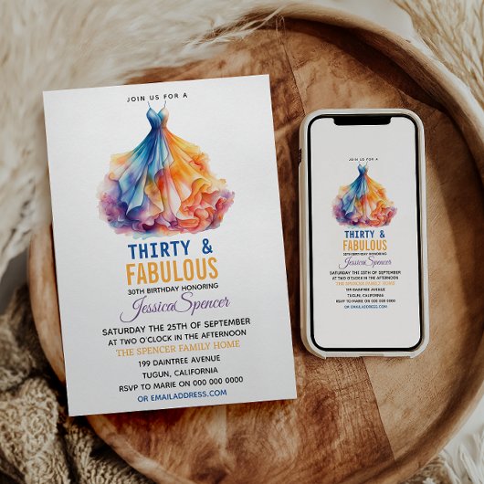 Watercolor Dress 30th Birthday Elegant & Feminine  招待状