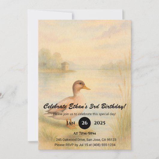 Watercolor Duck by the Lakeside at Sunset Birthday 招待状 (正面)