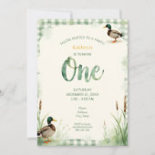 Watercolor Duck Teal, Yellow First Birthday Party 招待状 (正面)
