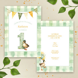 Watercolor Duck Teal, Yellow First Birthday Party 招待状