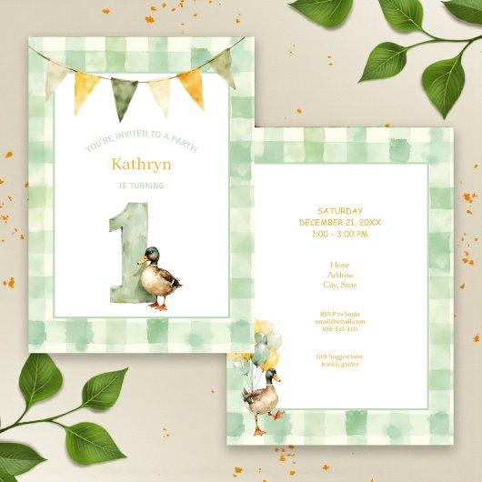 Watercolor Duck Teal, Yellow First Birthday Party 招待状