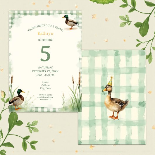 Watercolor Duck Teal, Yellow First Birthday Party 招待状