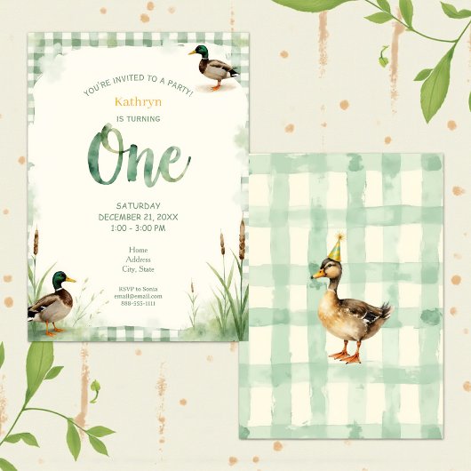 Watercolor Duck Teal, Yellow First Birthday Party 招待状