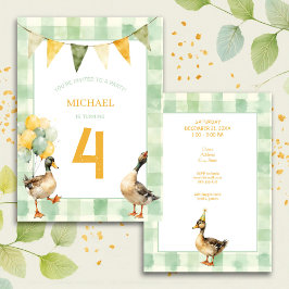 Watercolor Duck Teal, Yellow First Birthday Party 招待状