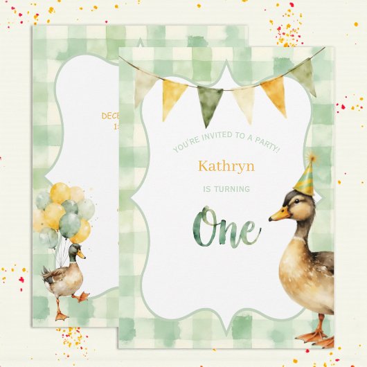 Watercolor Duck Teal, Yellow First Birthday Party 招待状