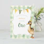 Watercolor Duck Teal, Yellow First Birthday Party 招待状 (スタンド正面)
