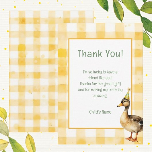Watercolor Duck with Teal & Yellow Birthday Party  サンキューカード