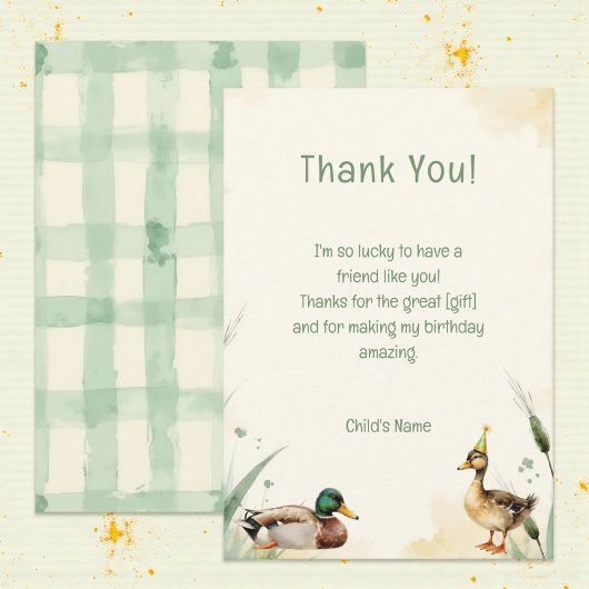 Watercolor Duck with Teal & Yellow Birthday Party  サンキューカード