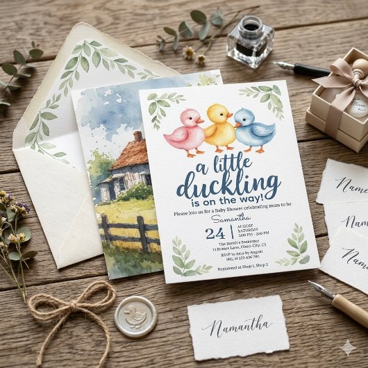 Watercolor Duckling Baby Shower Invitation  招待状