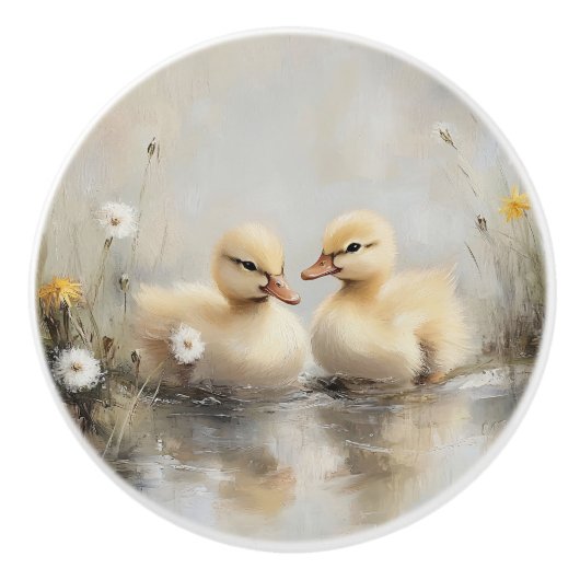 Watercolor Ducklings Dandelion Flowers セラミックノブ (正面)