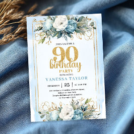 Watercolor Dusty Blue 90th Birthday Party Invite  招待状