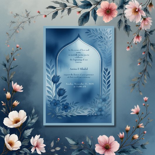 Watercolor Dusty Blue arch floral Wedding 招待状
